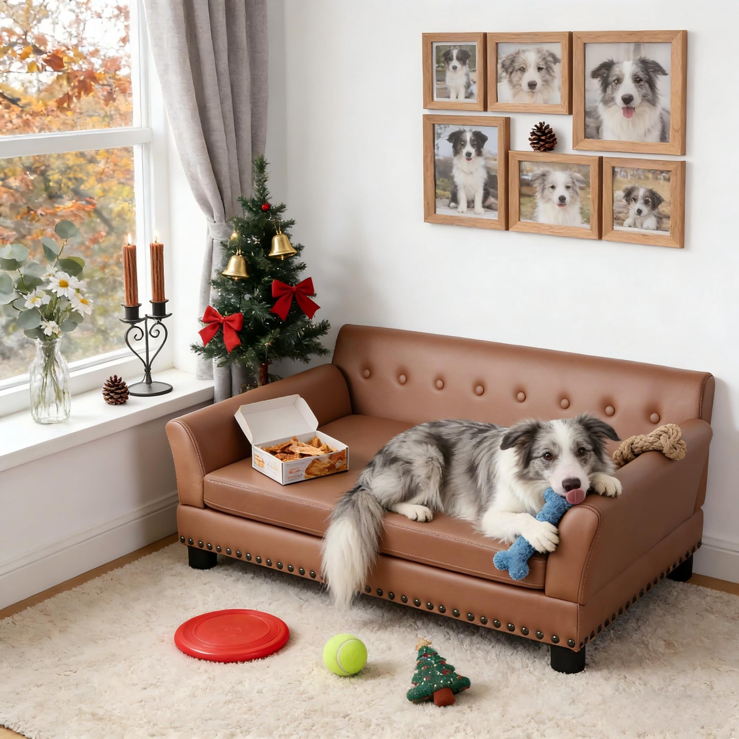 Large Leather Dog Sofa Bed with Thick Foam & Raised Design