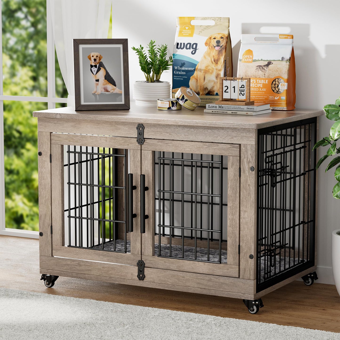 Wooden Dog Crate Furniture with Cushion, Wheels & Double Doors