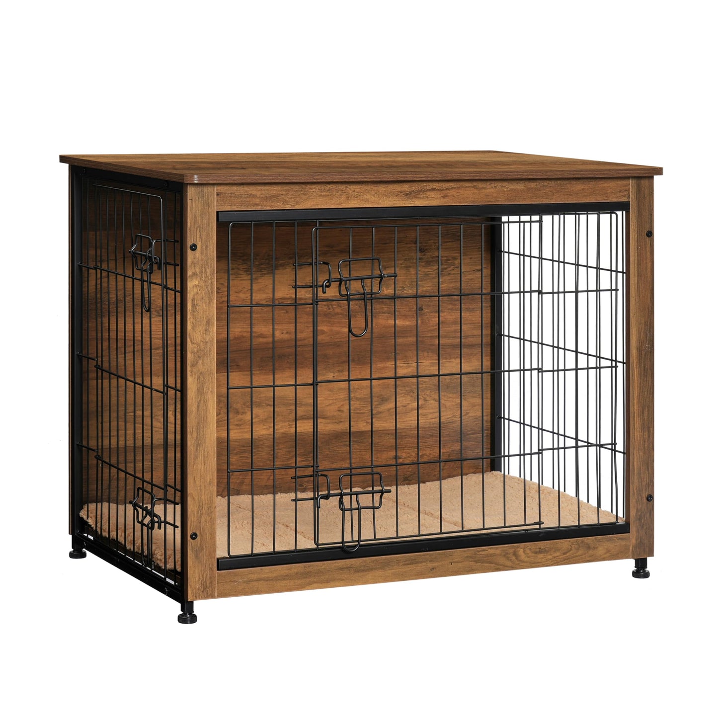 Wooden Dog Crate Furniture with Cushion & Double Doors