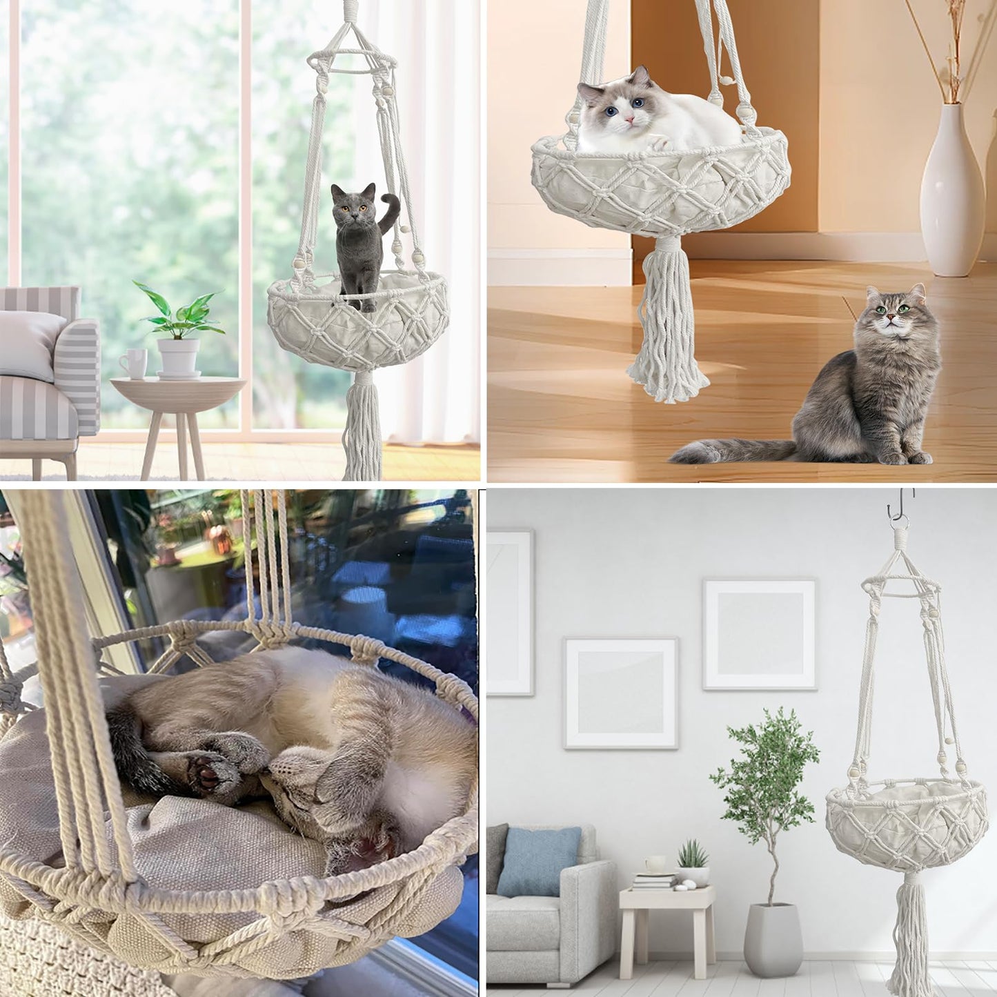 Handwoven Macrame Cat Hammock Bed with Cushion for Indoor Cats