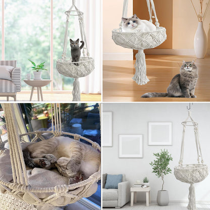 Handwoven Macrame Cat Hammock Bed with Cushion for Indoor Cats