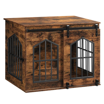 31.5" Farmhouse Wooden Dog Crate Furniture with Sliding Barn Door