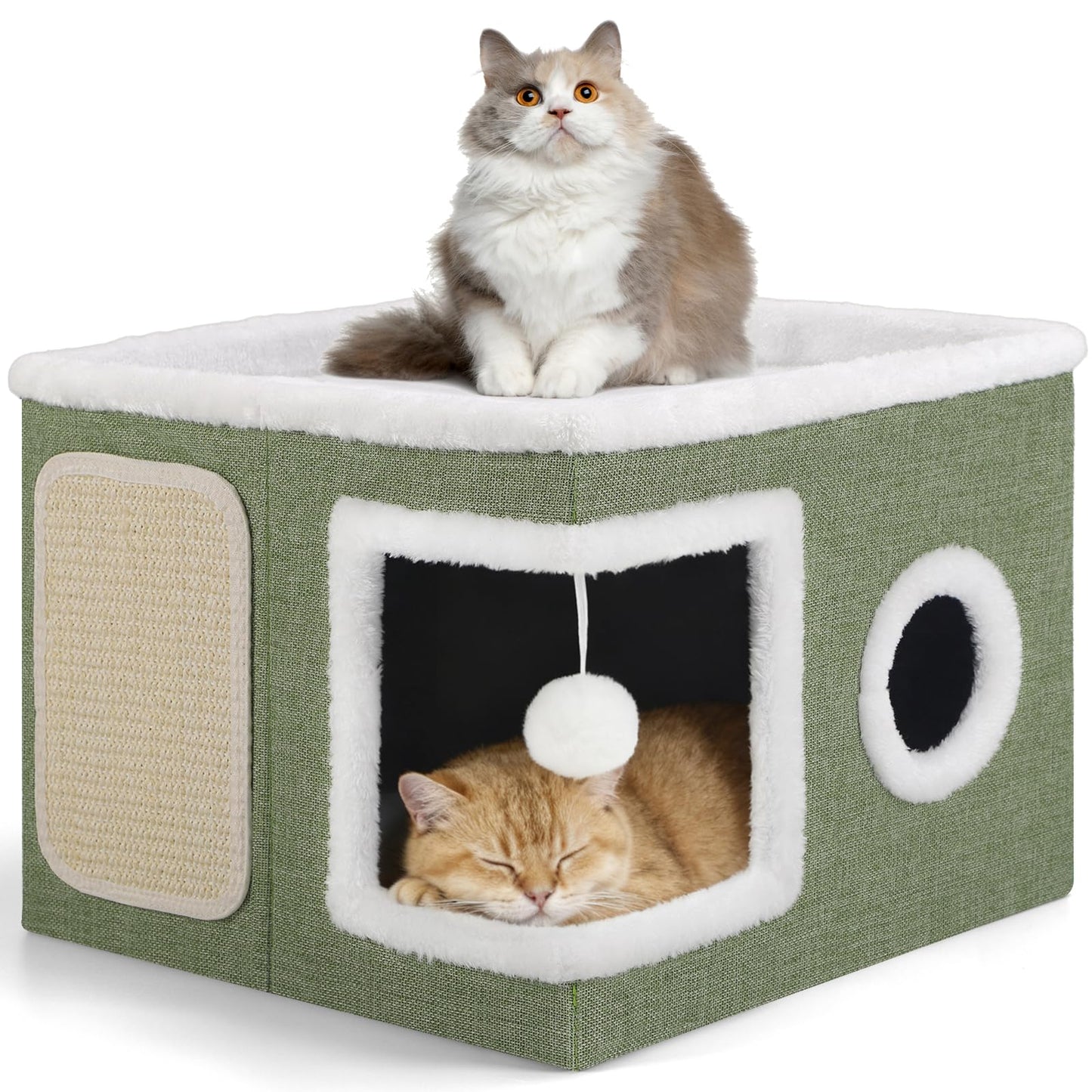 Large Cat Cave Bed with Round Window, Cushion & Cozy Hideaway Condo