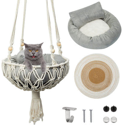 3PCS Macrame Cat Hammock Hanging Bed with Scratch Pad