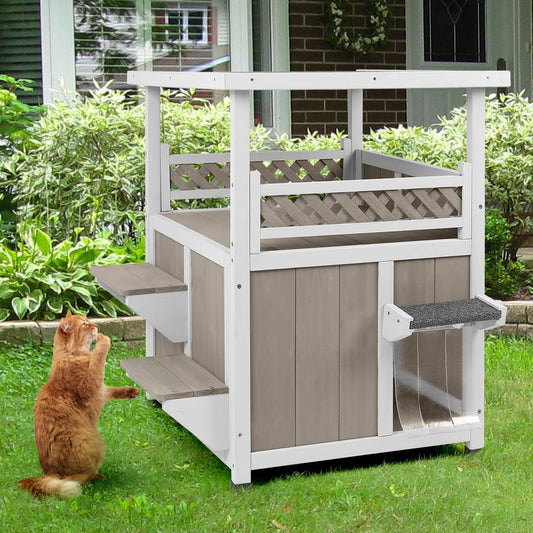 2-Story Outdoor Cat House with Balcony, Platforms & Openable Roof
