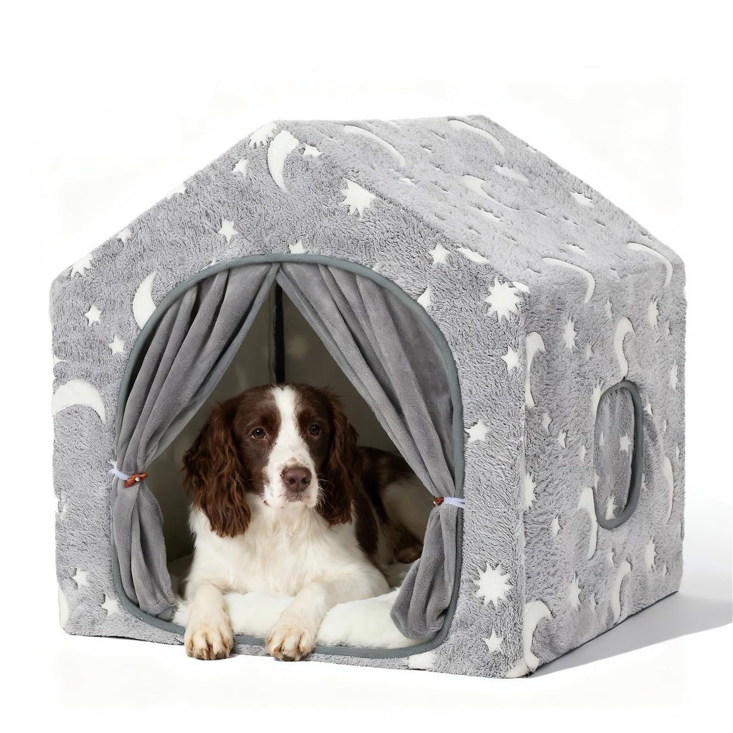 Pelemee Indoor Dog House, Night-Luminous Star Dog Bed with Frame, Dog Cave Tent