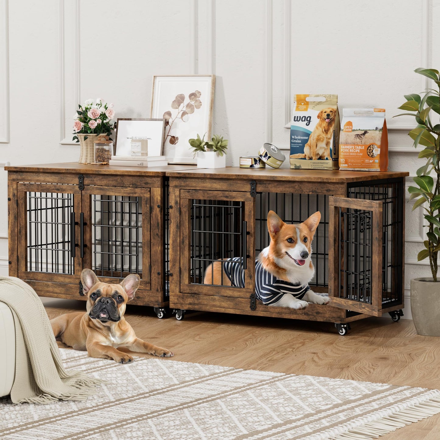 Wooden Dog Crate Furniture with Cushion, Wheels & Double Doors