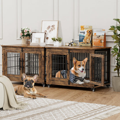 Wooden Dog Crate Furniture with Cushion, Wheels & Double Doors