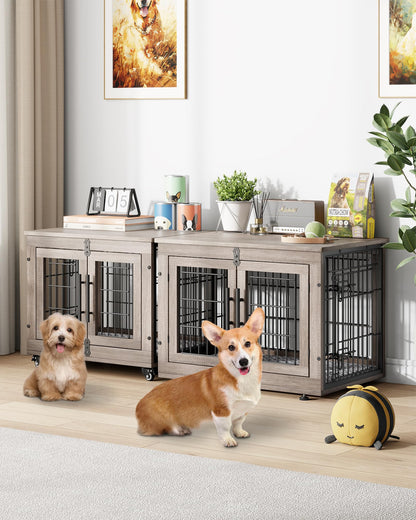 Wooden Dog Crate Furniture with Cushion, Wheels & Double Doors
