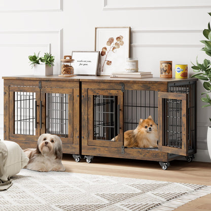Wooden Dog Crate Furniture with Cushion, Wheels & Double Doors