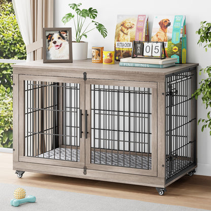 Wooden Dog Crate Furniture with Cushion, Wheels & Double Doors