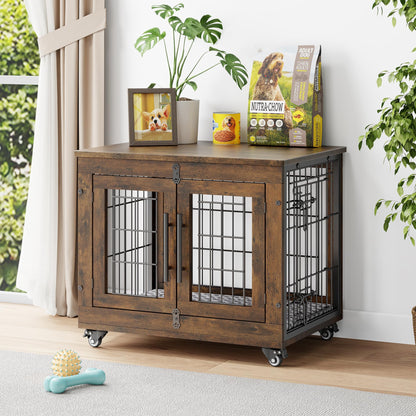 Wooden Dog Crate Furniture with Cushion, Wheels & Double Doors
