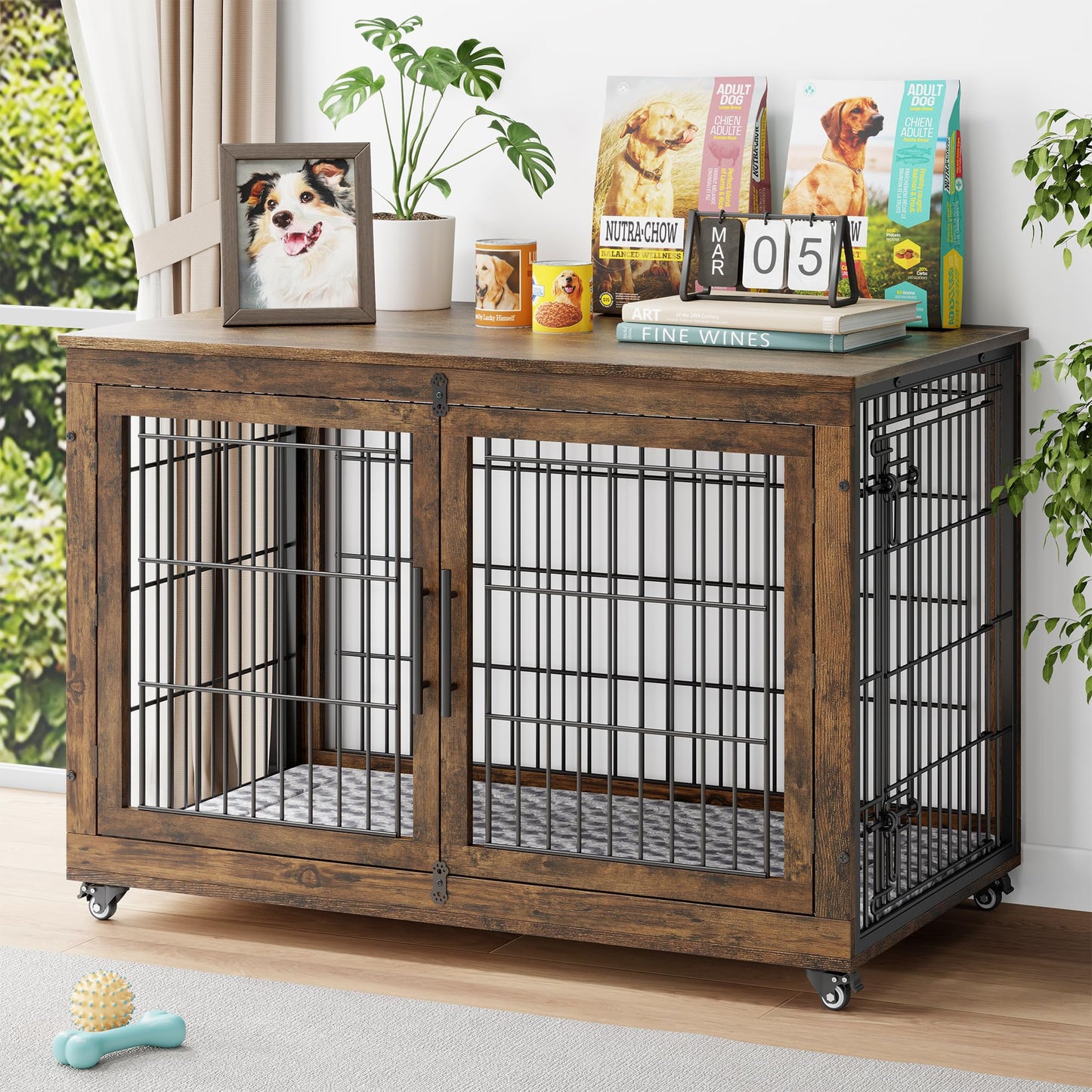 Wooden Dog Crate Furniture with Cushion, Wheels & Double Doors