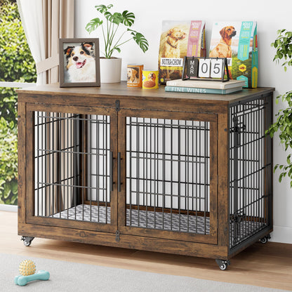 Wooden Dog Crate Furniture with Cushion, Wheels & Double Doors