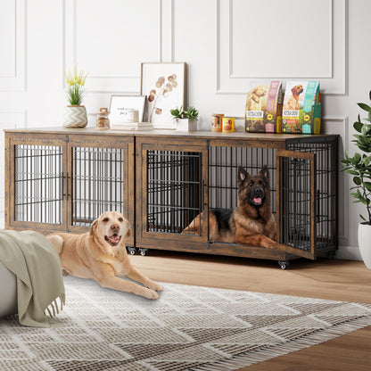 Wooden Dog Crate Furniture with Cushion, Wheels & Double Doors