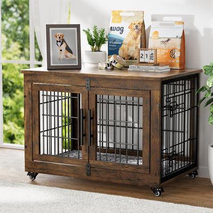 Wooden Dog Crate Furniture with Cushion, Wheels & Double Doors