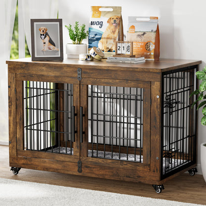 Wooden Dog Crate Furniture with Cushion, Wheels & Double Doors
