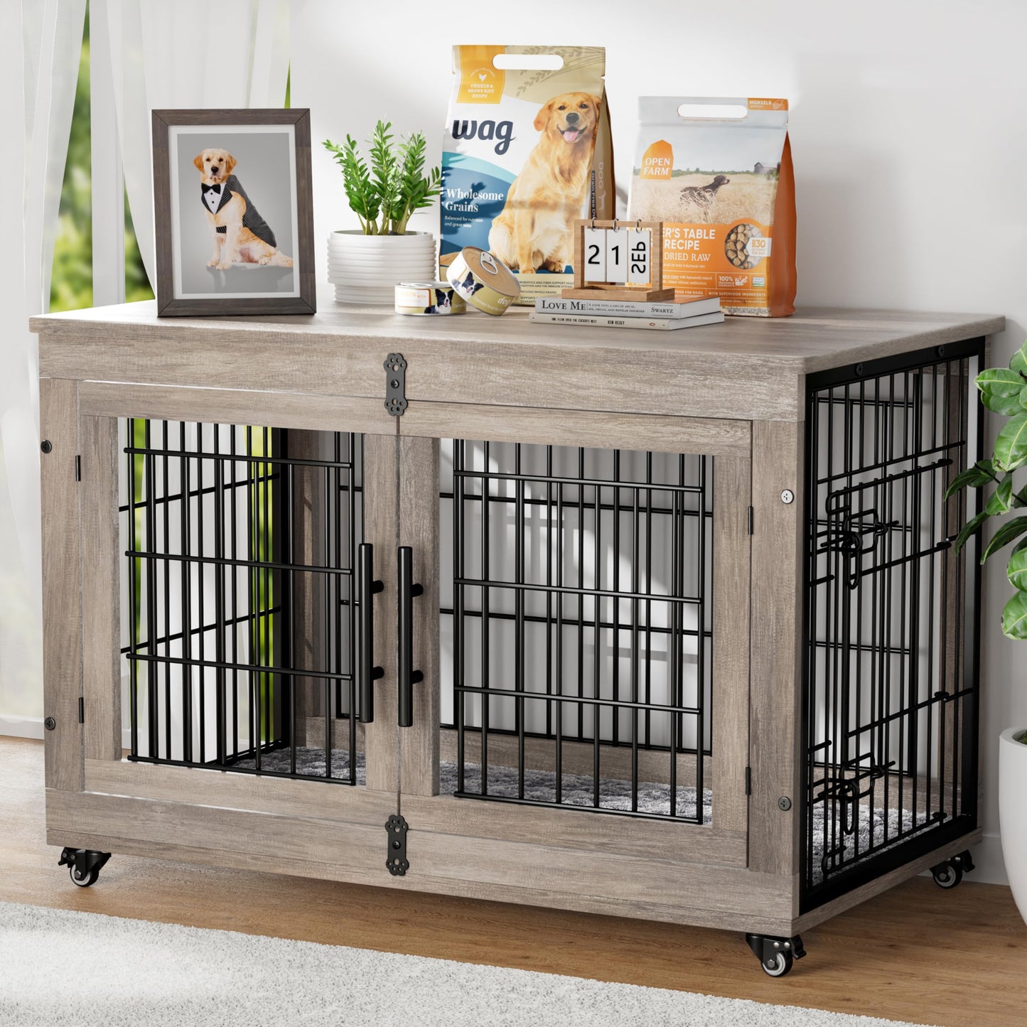 Wooden Dog Crate Furniture with Cushion, Wheels & Double Doors