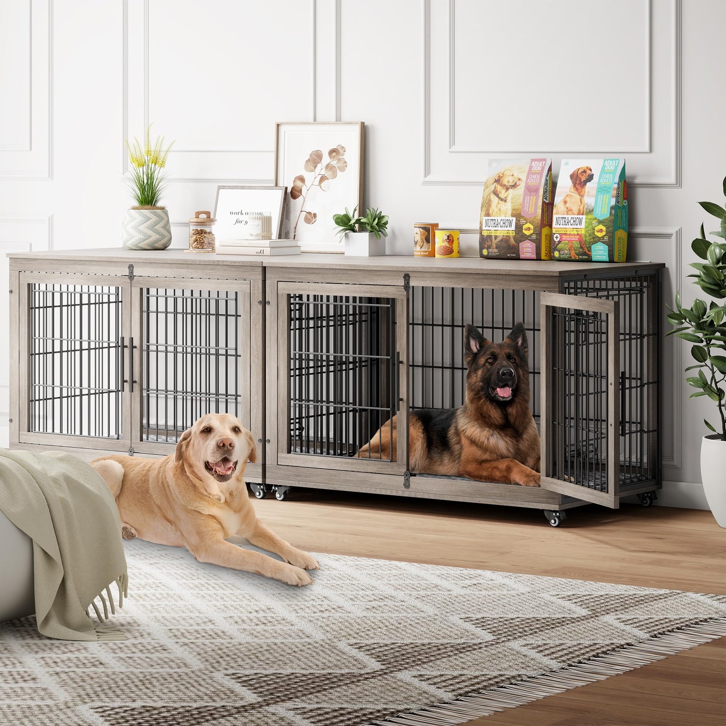 Wooden Dog Crate Furniture with Cushion, Wheels & Double Doors