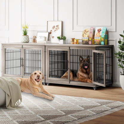 Wooden Dog Crate Furniture with Cushion, Wheels & Double Doors