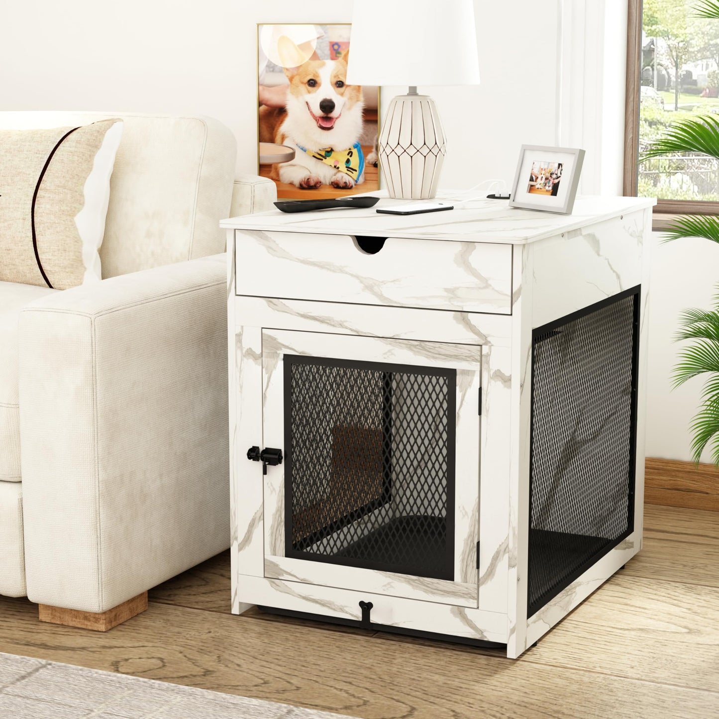 Wooden Dog Crate End Table with Drawer, Cushion & USB Charging
