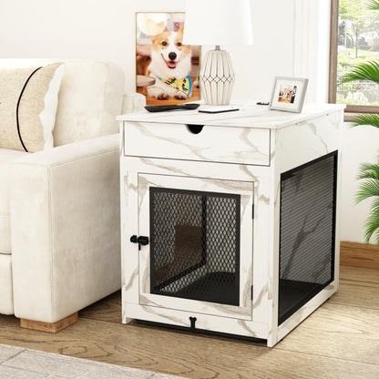 Wooden Dog Crate End Table with Drawer, Cushion & USB Charging